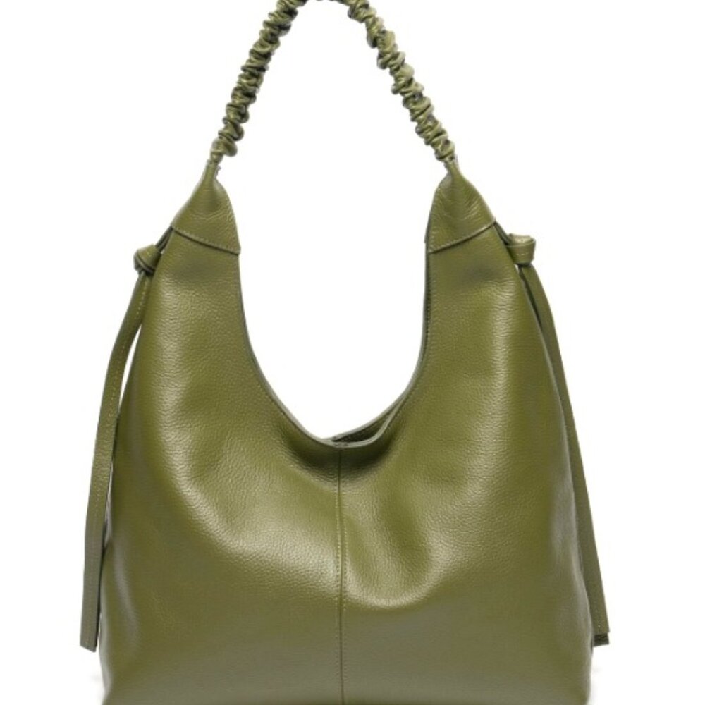 Olive Green Leather Hobo Bag with Ruched Shoulder Strap